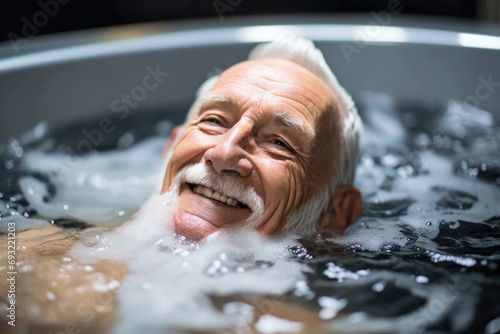 Senior man in bathroom taking care of health