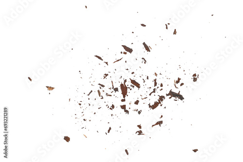 Rotten, old wood pieces and dust, scattered crushed tree bark isolated on white