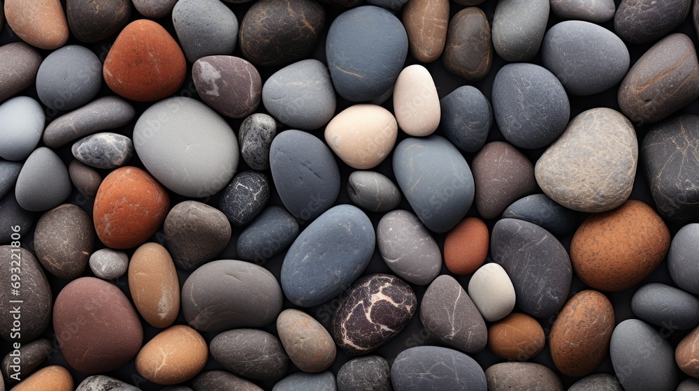 a close up of a bunch of rocks with a black and white rock in the ...