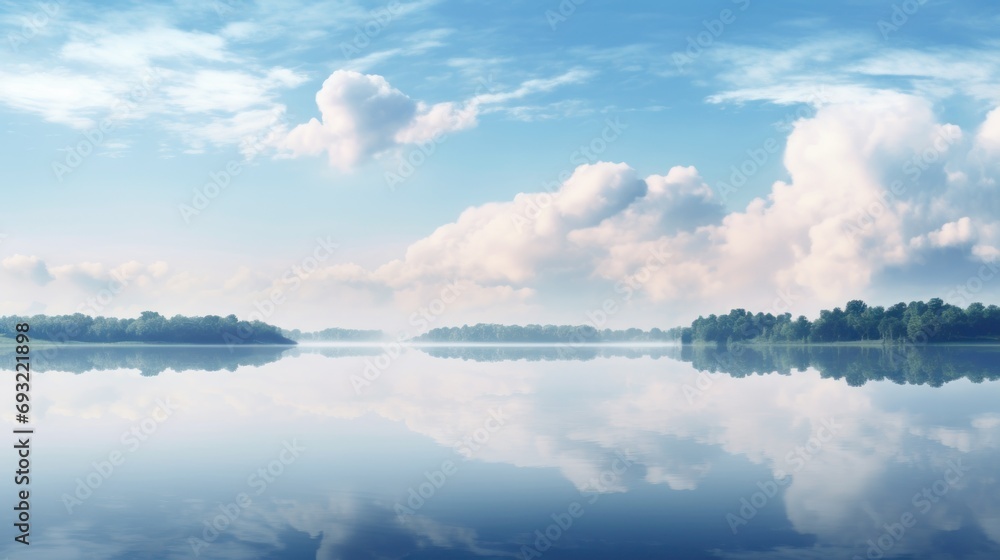 Fototapeta premium a body of water with a bunch of clouds in the sky and trees on the other side of the water and a few trees on the other side of the water.