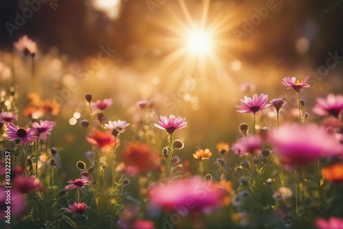 Colorful flower meadow with sunbeams and bokeh lights in summer - nature background banner with copy space © FrameFinesse