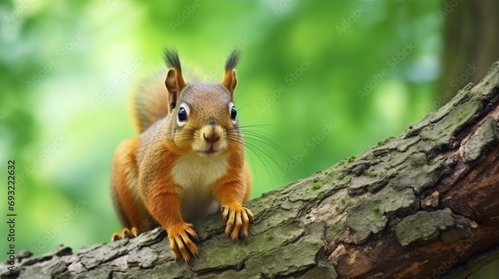 Portrait of fox squirrel (Sciurus niger) sitting on branch isolated on green. generative ai