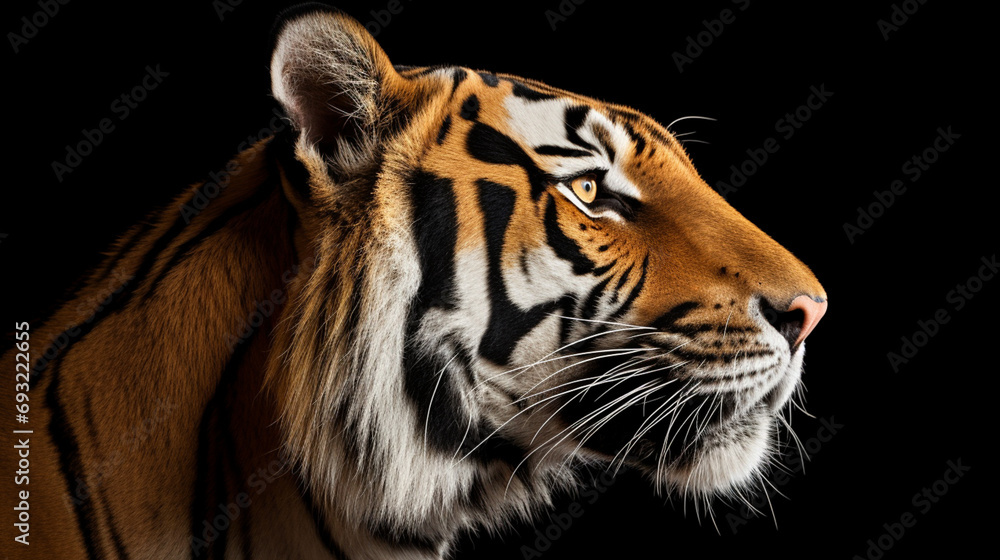 Obraz premium Profile portrait of Bengal tiger, Panthera tigris tigris, isolated on black background generative ai