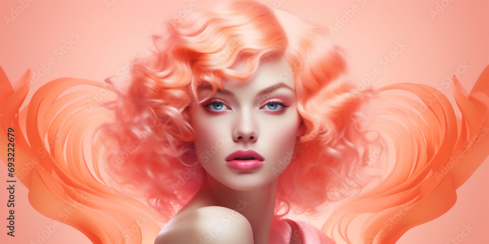 A naked woman model staring at the camera with shoulder length curly peach fuzz color hair and pink lips eyeshadows . Color of the 2024 year. Orange background. Copy space.
