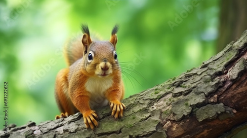 Portrait of fox squirrel (Sciurus niger) sitting on branch isolated on green. generative ai © Witri