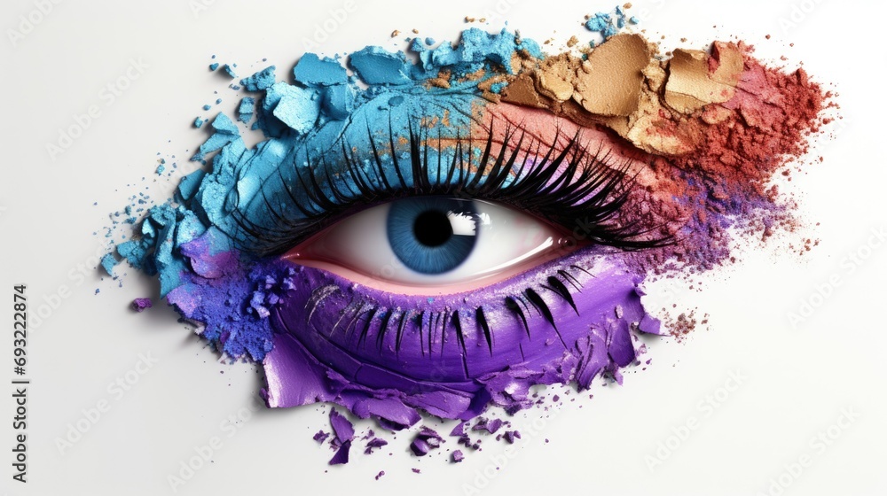 Closeup woman eye with colorful eyeshadow powders on isolated white background