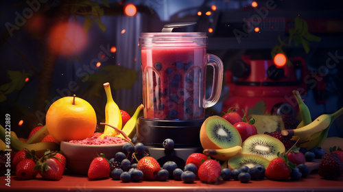 Blender with Fruit Smoothie Surrounded by Fresh Fruits