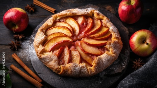Rustic apple galette with cinnamon on the dark table, top view angle