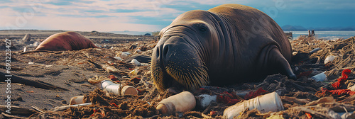 Walrus Standing on Trash Covered Beach