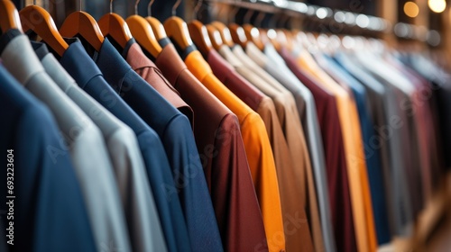  a rack of men's shirts hanging on a rail in front of a wall of other men's shirts hanging on a rail in front of a store.