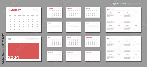 Set of Monthly page Calendar Planner Template 2024, cover with Place for Photo and Company Logo and annual calendar of 2025. Isolated Vector layout of a wall or desk calendar with week start Monday