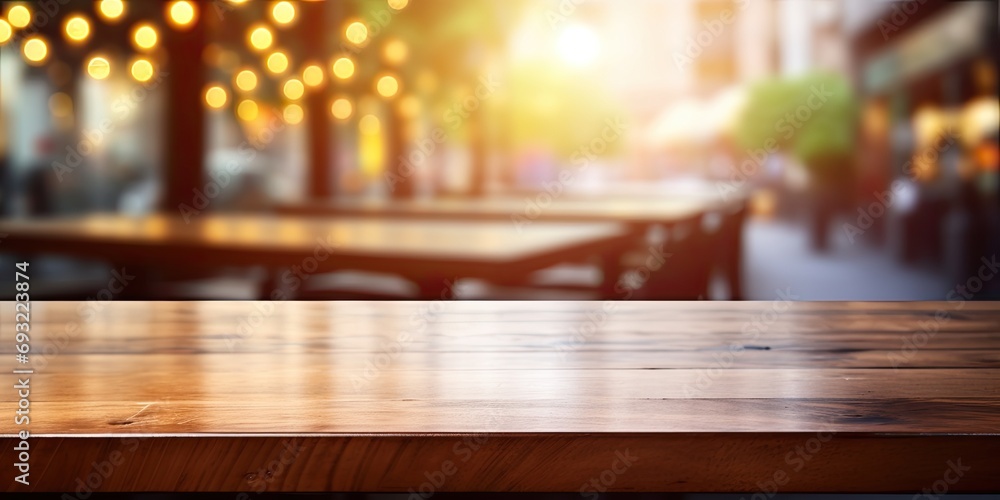 Empty wooden table in abstract blurry restaurant interior background. Mock up.