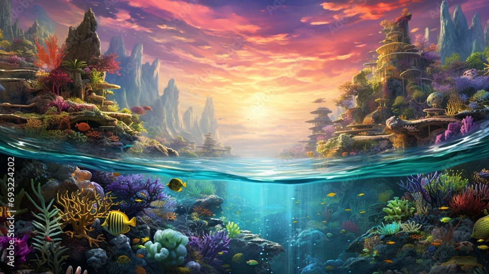 A surreal underwater seascape, teeming with vibrant coral reefs and marine life