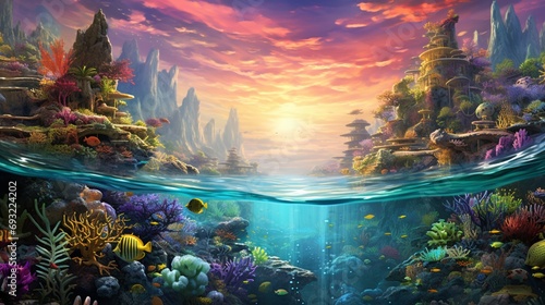 A surreal underwater seascape, teeming with vibrant coral reefs and marine life © raoo
