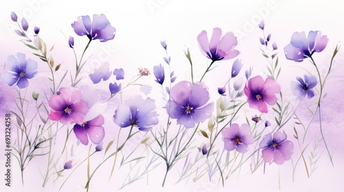 a watercolor painting of purple flowers on a white background with green stems and purple flowers on the right side of the frame, and purple flowers on the left side of the right side of the frame.