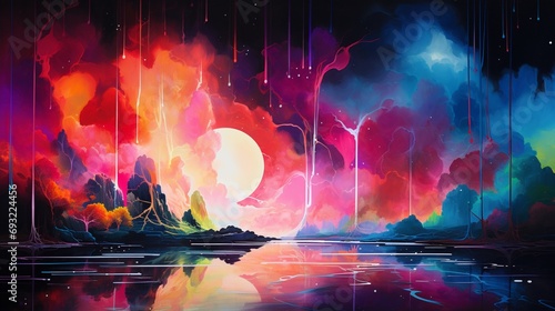 An abstract, neon-lit dreamscape with vibrant, pulsating colors