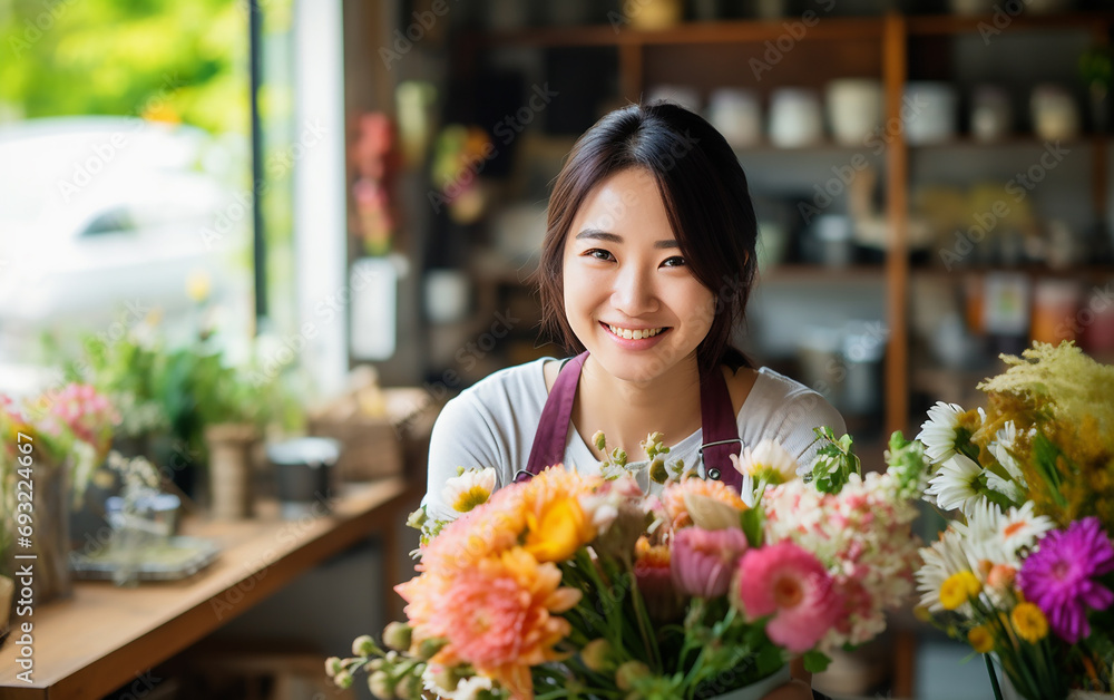 Picture of beautiful asian woman florist while working.