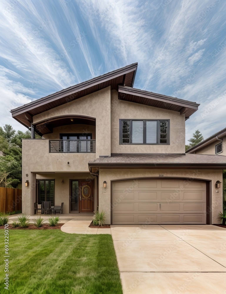 Fototapeta premium A Contemporary Dwelling with Stylish Architecture, Beautiful Exterior Design, and a Serene Garden Setting. Perfect Family Home in a Residential Neighborhood, Featuring Thoughtful Construction