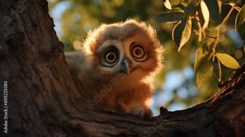  a close up of an owl in a tree looking at the camera with a surprised look on it's face as it peeks out from behind a branch.