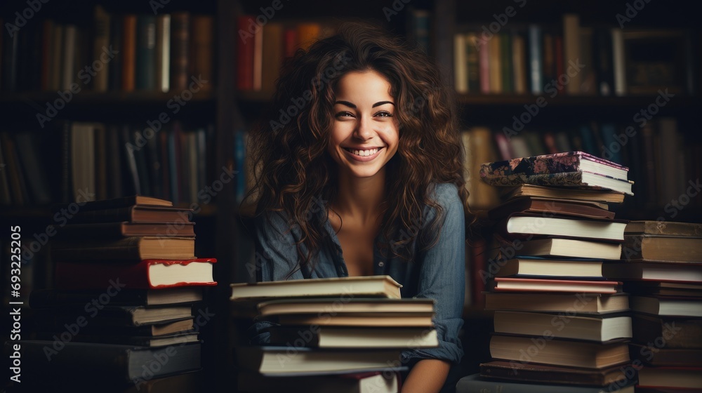 portrait of happy young woman surrounded by stack of books portrait of happy young woman surrounded by stack of books