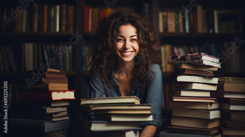 portrait of happy young woman surrounded by stack of books