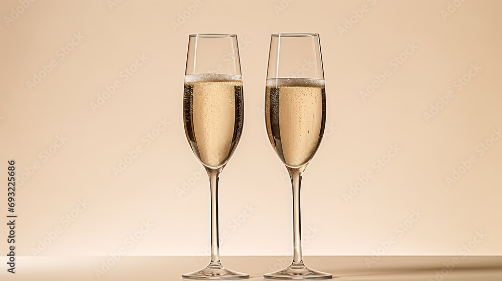 a pair of champagne flutes sitting next to each other on top of a white table next to a beige wall with a shadow of two champagne flutes in the foreground. a pair of champagne flutes sitting next to each other on top of a white table next to a beige wall with a shadow of two champagne flutes in the foreground.