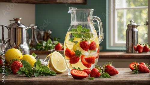 Fresh lemonade with strawberries, citrus and mint