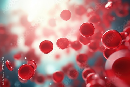 In microscopic world, countless vibrant erythrocytes, red blood cells, traverse circulatory system, tirelessly carrying life-sustaining oxygen, resembling a dynamic network vital for human vitality. photo