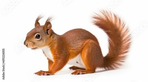 Red Japanese Lis squirrel, sitting side ways, holding a hazel nut in front paws. generative ai © Witri