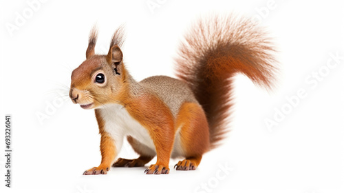 Red Japanese Lis squirrel, standing facing front on edge. Tail up in typical squirrel. generative ai