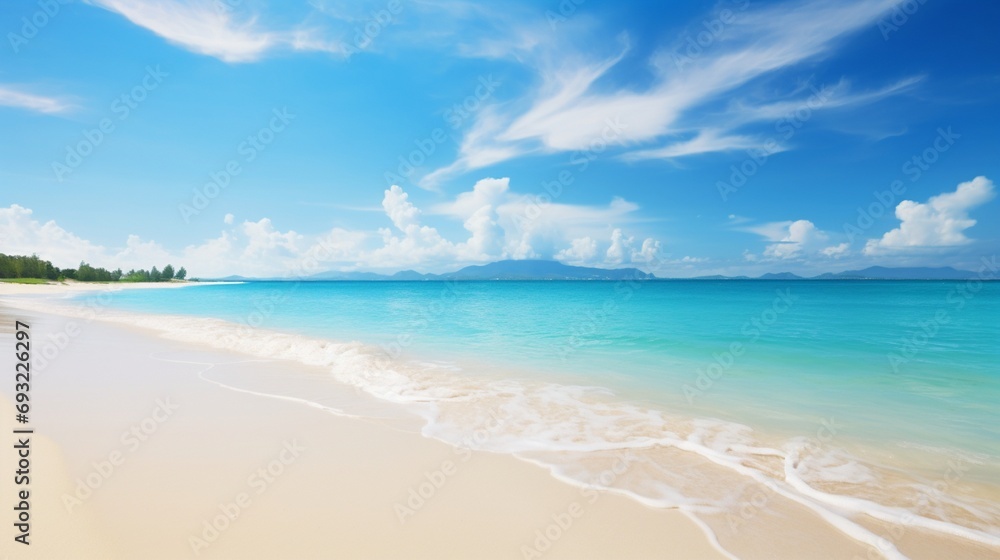 A pristine beach with white sand and crystal-clear turquoise waters, the sun casting a warm and inviting glow on a perfect summer day