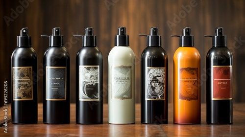 An assortment of hair finishing sprays in elegant bottles, their contents promising long-lasting style