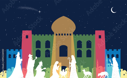 Christmas Nativity Scene - Three Wise Men and shepherd adoration