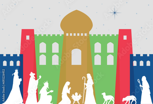 Christmas Nativity Scene - Three Wise Men and shepherd adoration
