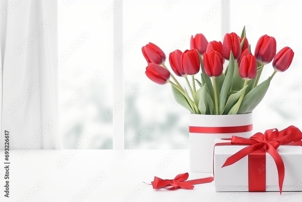 Obraz premium A gift of bouquet tulips delivered at home from a boyfriend