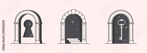 Vector mystic logo design templates with portals,steps,keyhole,key and stars.Surreal abstract illustrations in trendy minimal outline style.Enlightenment emblems.Branding design templates.