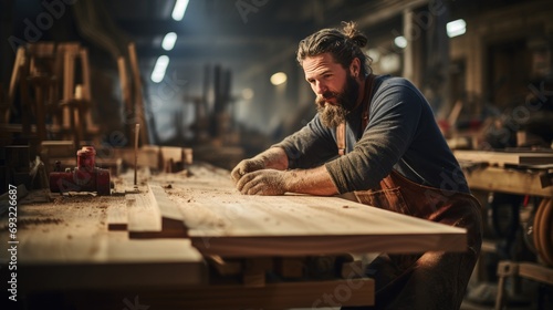 portrait of carpenter man making furniture in workshop with wood photo