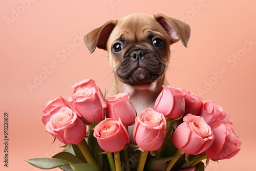 Cute dog with rose flower on valentines day on background