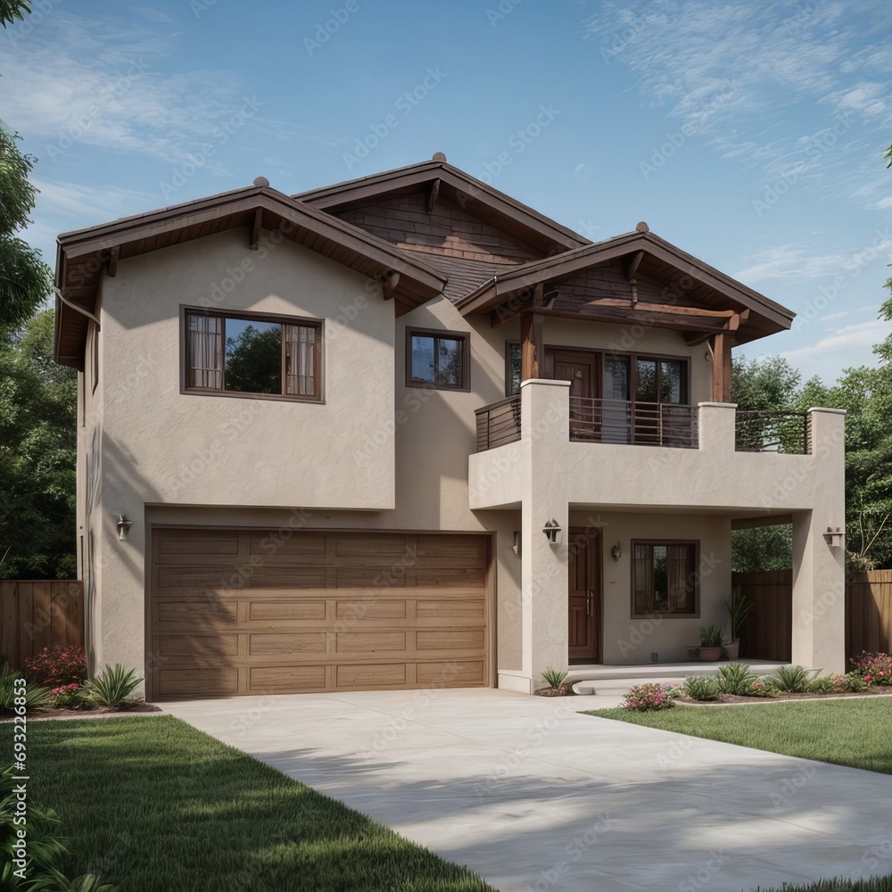 Naklejka premium A Contemporary Dwelling with Stylish Architecture, Beautiful Exterior Design, and a Serene Garden Setting. Perfect Family Home in a Residential Neighborhood, Featuring Thoughtful Construction
