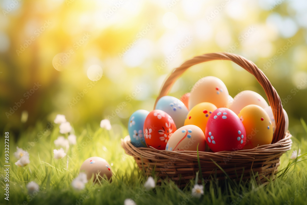 Easter eggs in basket on green grass with bokeh background