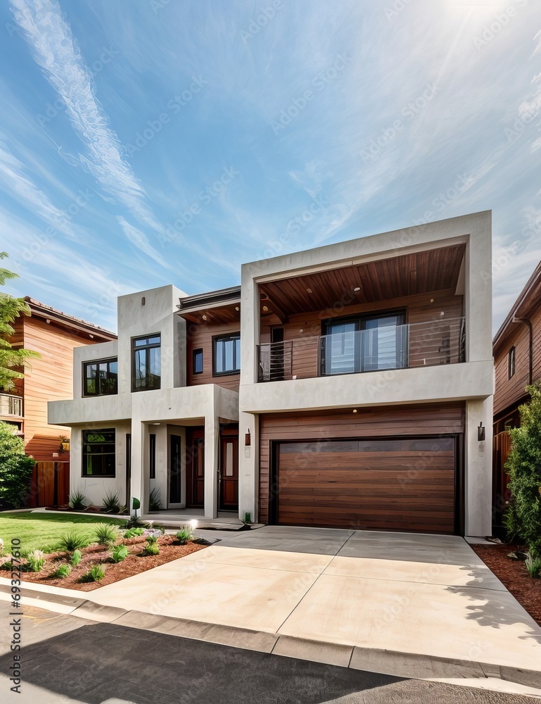 Fototapeta premium A Contemporary Dwelling with Stylish Architecture, Beautiful Exterior Design, and a Serene Garden Setting. Perfect Family Home in a Residential Neighborhood, Featuring Thoughtful Construction