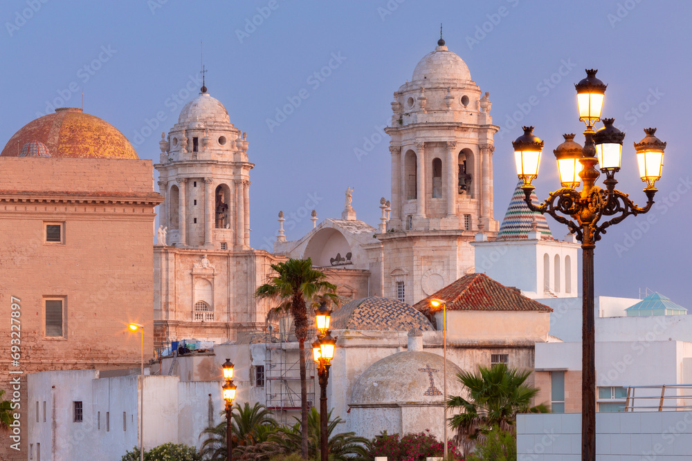 Cathedral of the Holy Cross on the Cadiz waterfront at dawn.