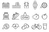 Fitness Activities Thin Line Icons. Containing healthy lifestyle, weight training, body care and workout or exercise equipment icons. Fitness and sport