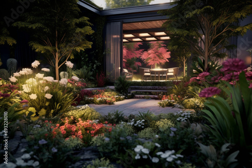 Lounge zone in the garden, modern interior created using generative AI tools	
