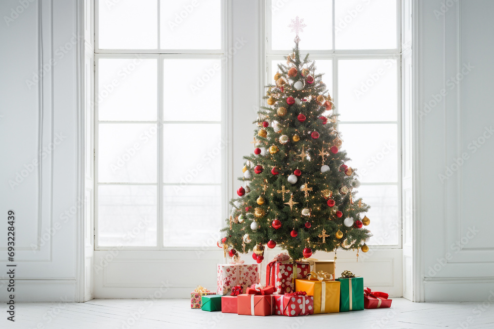 Minimalist Bliss: A Tranquil Scene with a Christmas Tree and Gifts, Capturing the Essence of Holiday Joy in Subtle Elegance