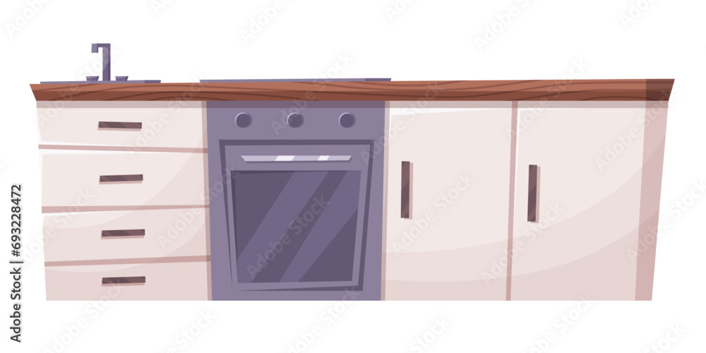 Kitchen room furniture cartoon vector interior illustration. Fridge, table and modern cooking equipment set for living in house. Vector illustration EPS10 Kitchen room furniture cartoon vector interior illustration. Fridge, table and modern cooking equipment set for living in house. Vector illustration EPS10
