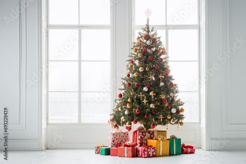Minimalist Bliss: A Tranquil Scene with a Christmas Tree and Gifts, Capturing the Essence of Holiday Joy in Subtle Elegance