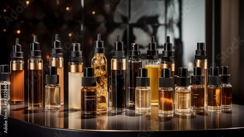 An assembly of hair care serums  their luxurious bottles catching highlights in a refined studio setting