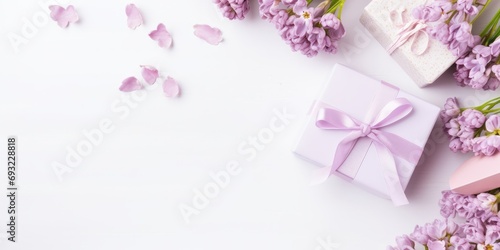 Flat lay of Women's Day gifts and flowers on a white wooden table. © Vusal