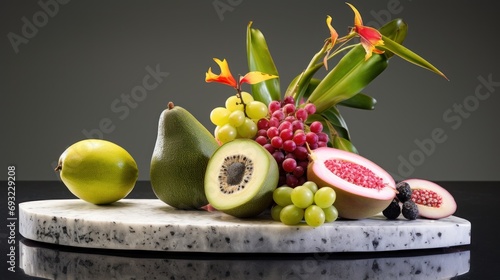  a bunch of fruit sitting on top of a marble counter top next to a vase filled with flowers and a fruit on top of a marble slab with fruit on it.
